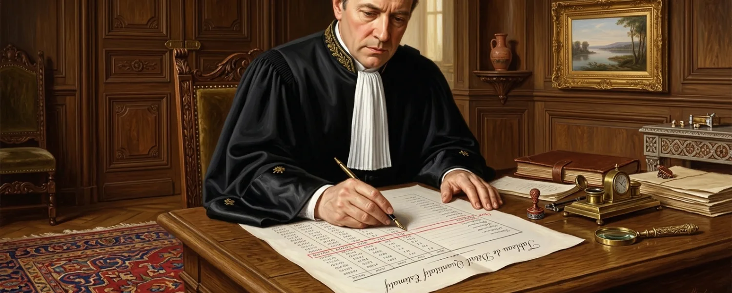 Un magistrat en robe noire du Conseil d'État examine un tableau de détail quantitatif estimatif étalé sur son bureau, stylo pointé sur une ligne de chiffres surlignée en rouge.