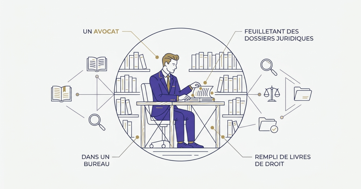 Un avocat feuilletant des dossiers juridiques dans un bureau rempli de livres de droit.